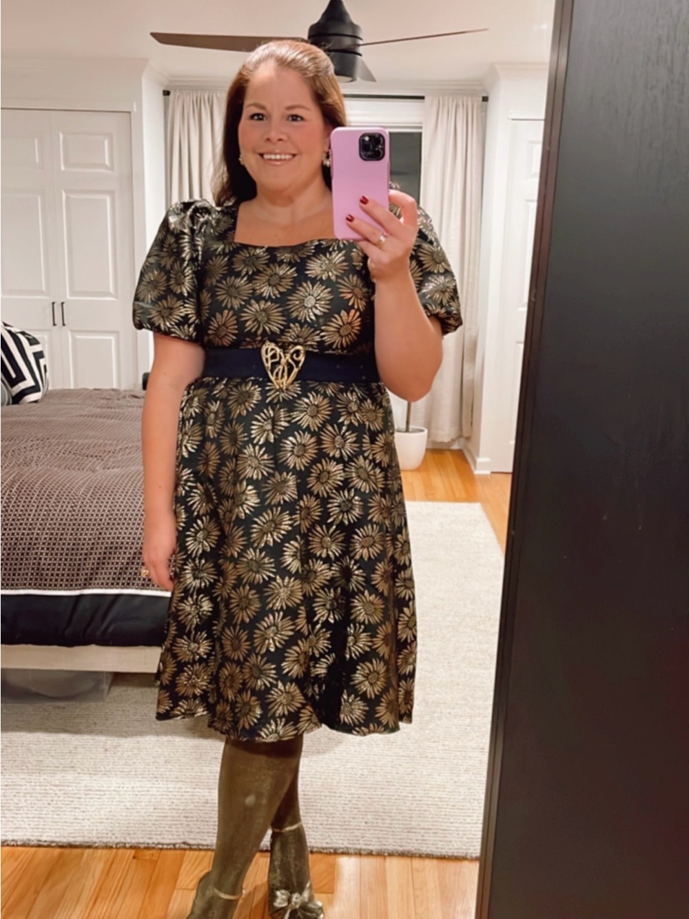 Black Dress with Gold Floral Print and Puff Sleeves